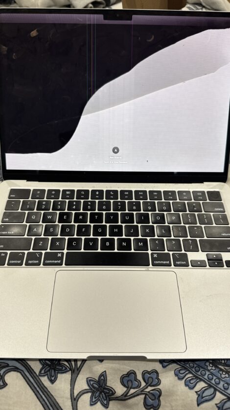 MacBook with cracked, bleeding LCD screen