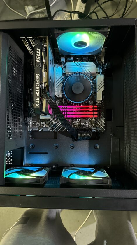 Custom gaming PC with RGB fans and graphics card